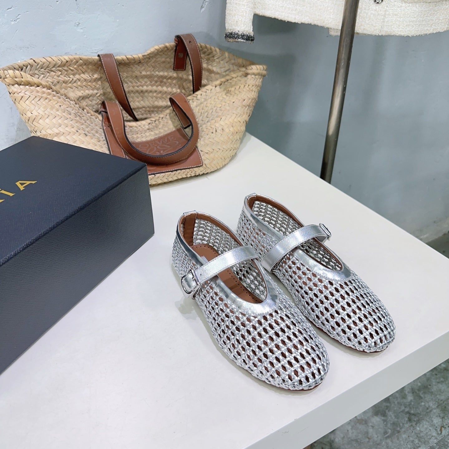 Alaia 25 Marry Janes Ballet Flats Silver Wool Sheepskin 300457