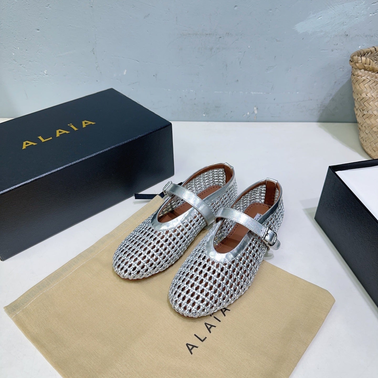 Alaia 25 Marry Janes Ballet Flats Silver Wool Sheepskin 300457
