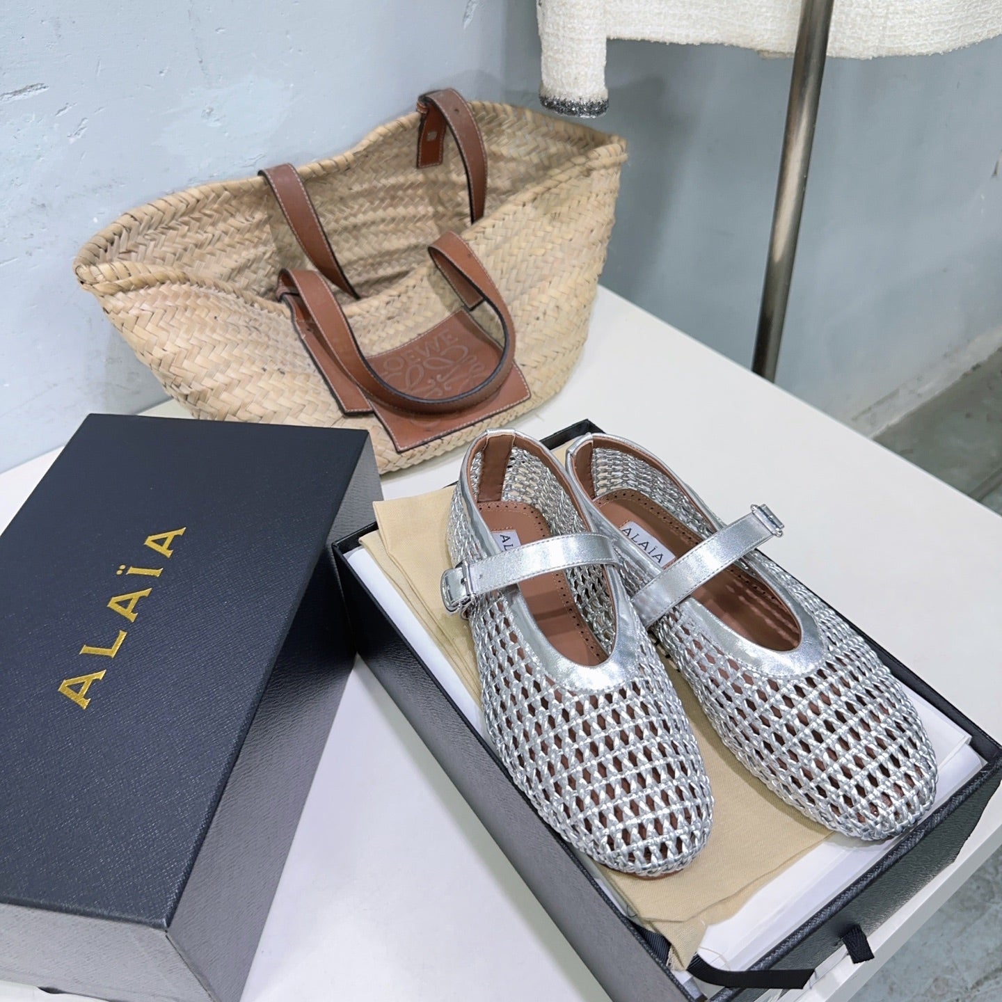 Alaia 25 Marry Janes Ballet Flats Silver Wool Sheepskin 300457