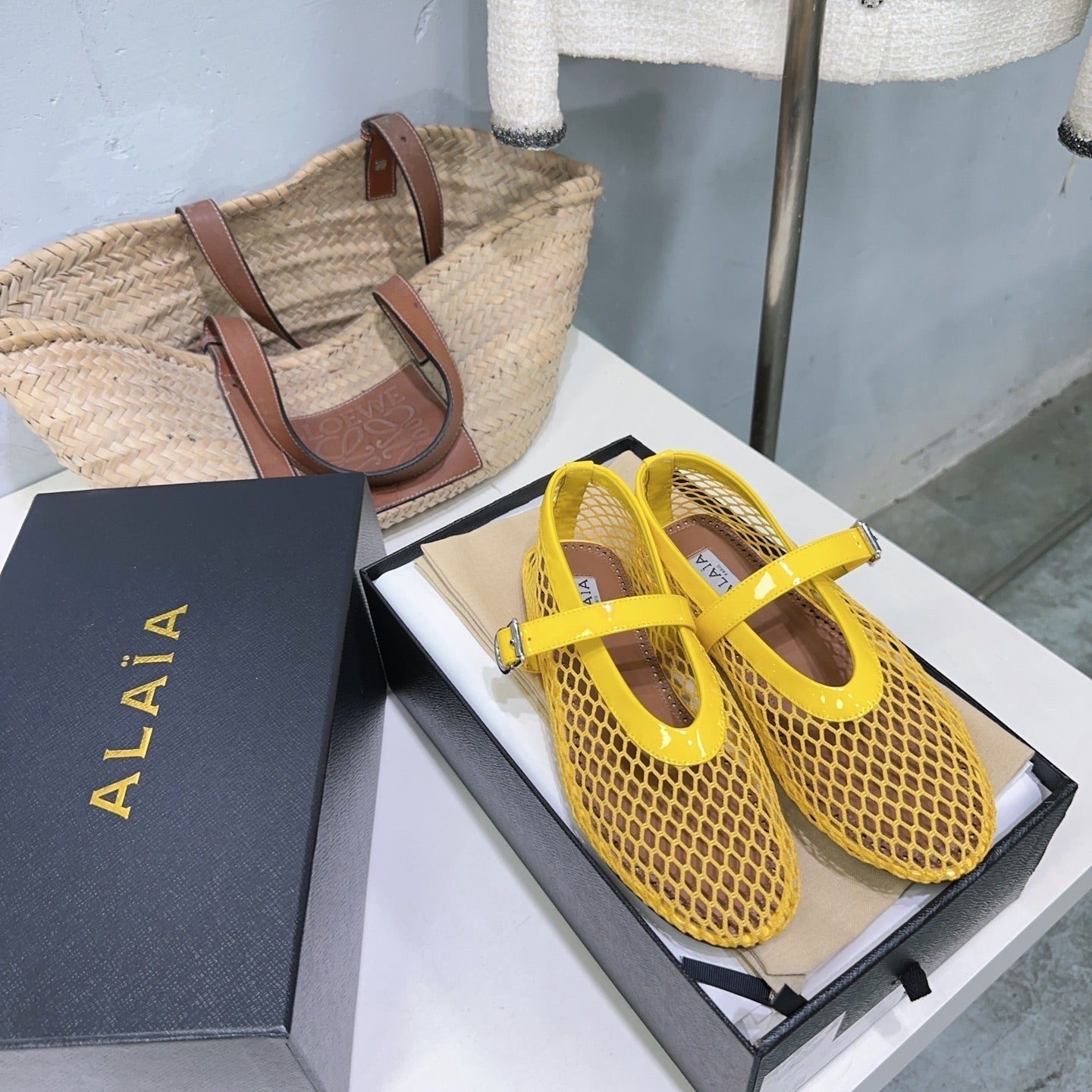 Alaia 25 Laminated Fishnet Ballet Flats Yellow Lambskin 300470