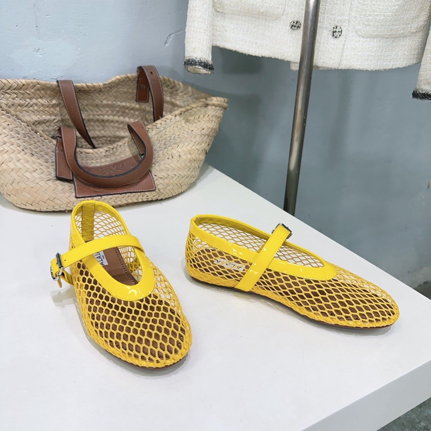 Alaia 25 Laminated Fishnet Ballet Flats Yellow Lambskin 300470