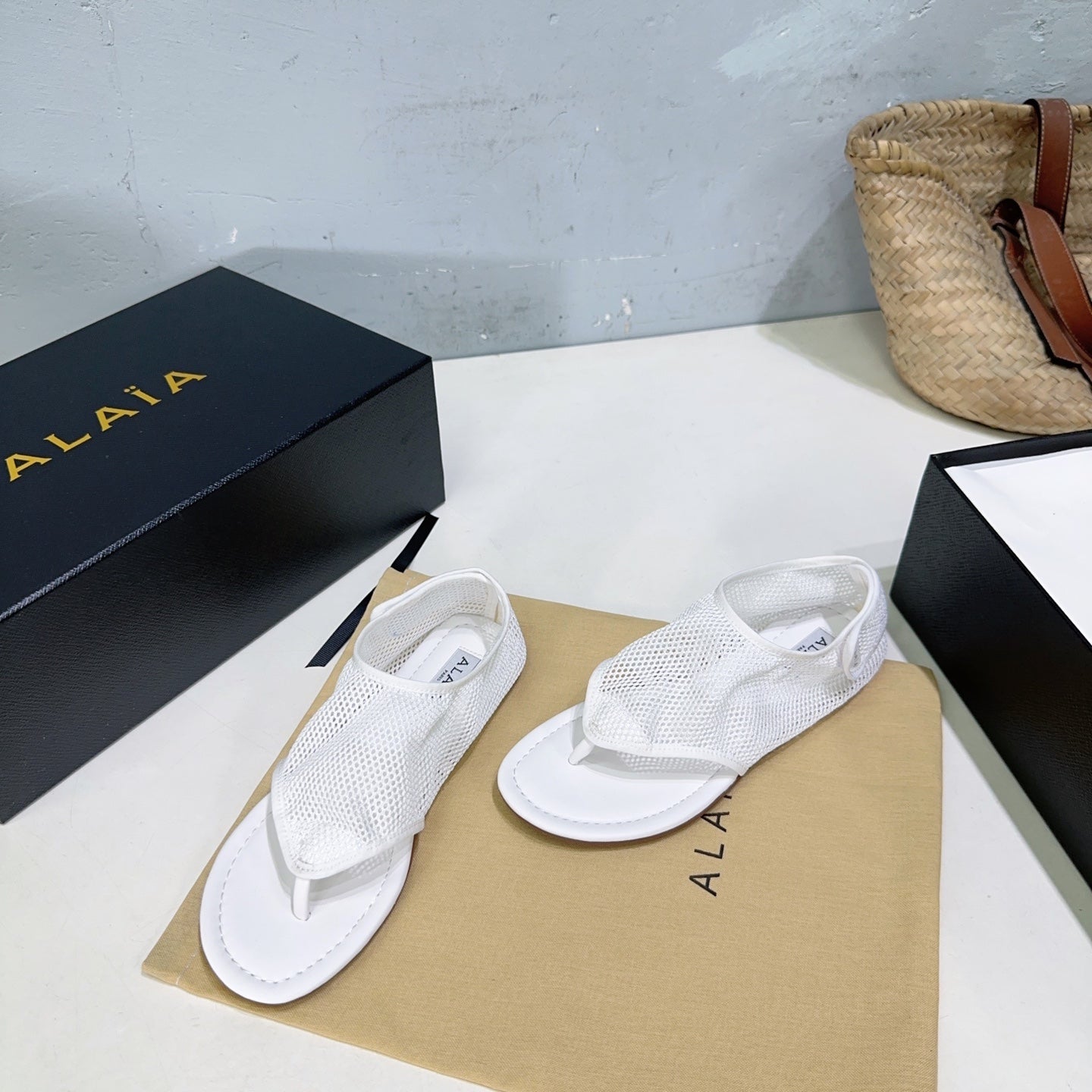 Alaia 25 Thong Sandals White Fishnet Sheepskin 315964