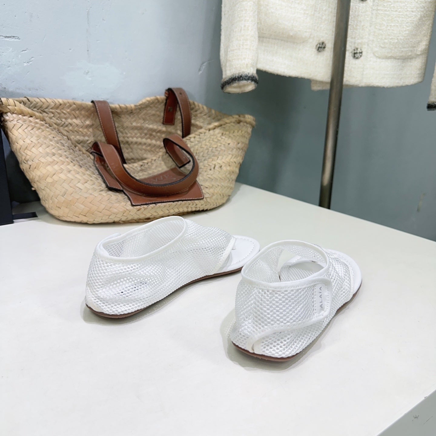 Alaia 25 Thong Sandals White Fishnet Sheepskin 315964