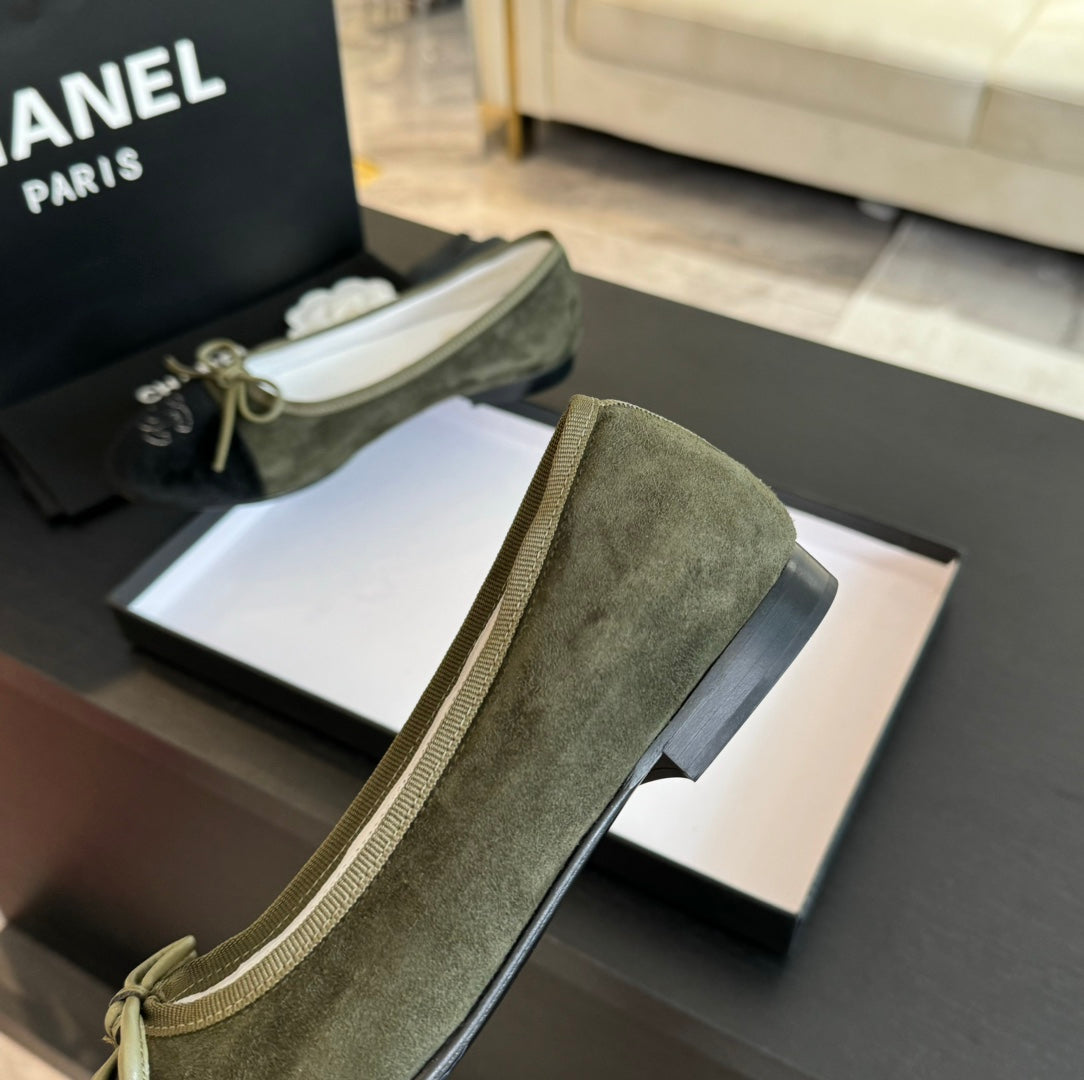 ballet flat moss green suede and black canvas