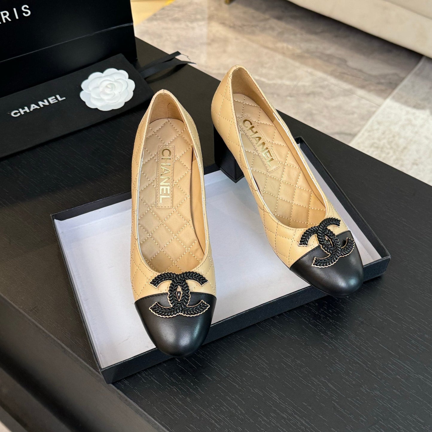 ballet flat with high heel 7cm beige black quilted lambskin