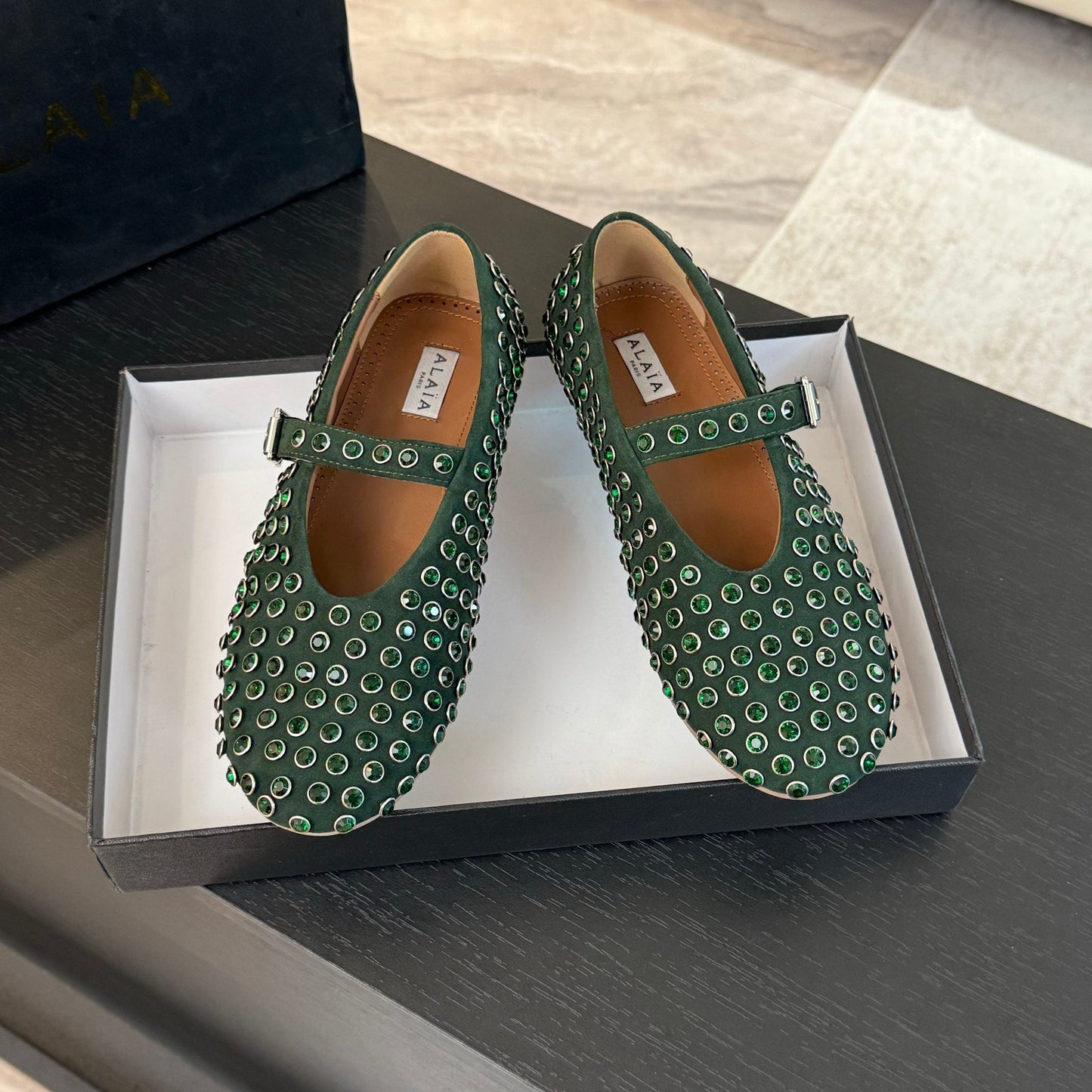 Alaia Strass Ballet Flats In Dark Green Suede Stone 935187