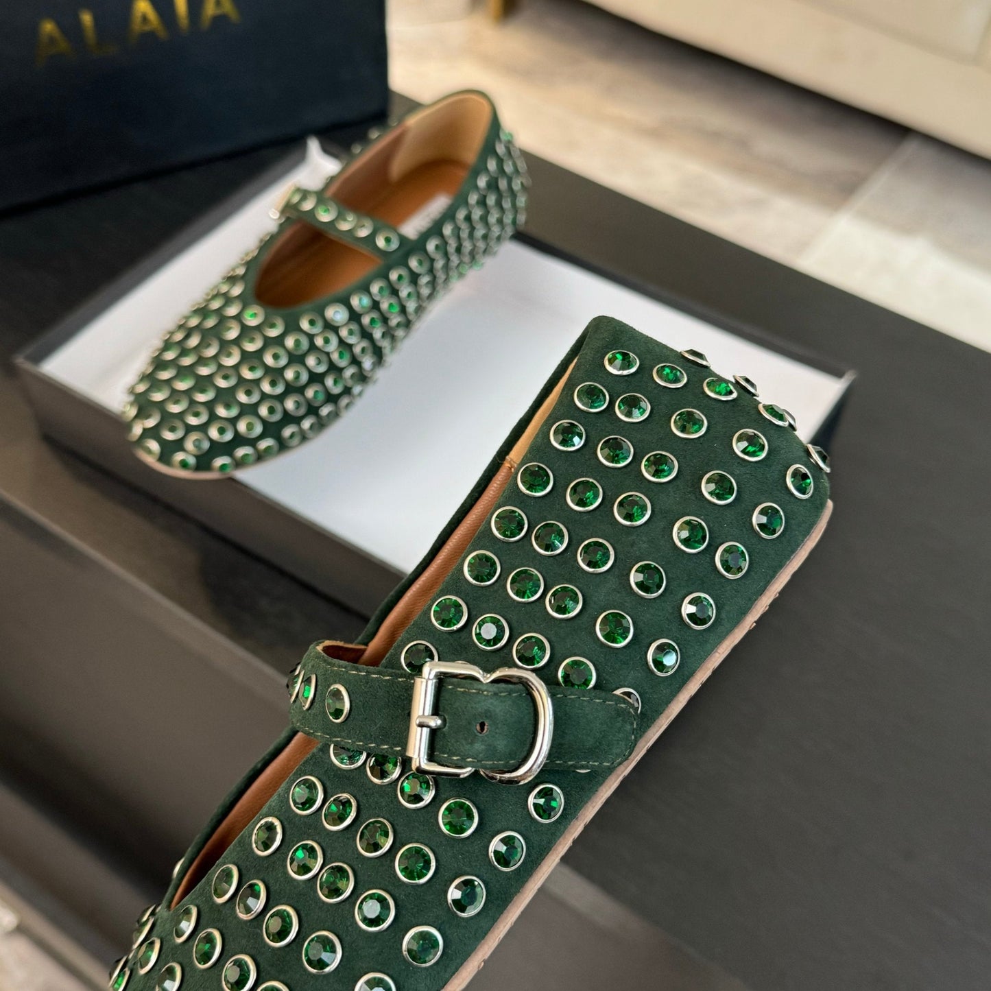 Alaia Strass Ballet Flats In Dark Green Suede Stone 935187