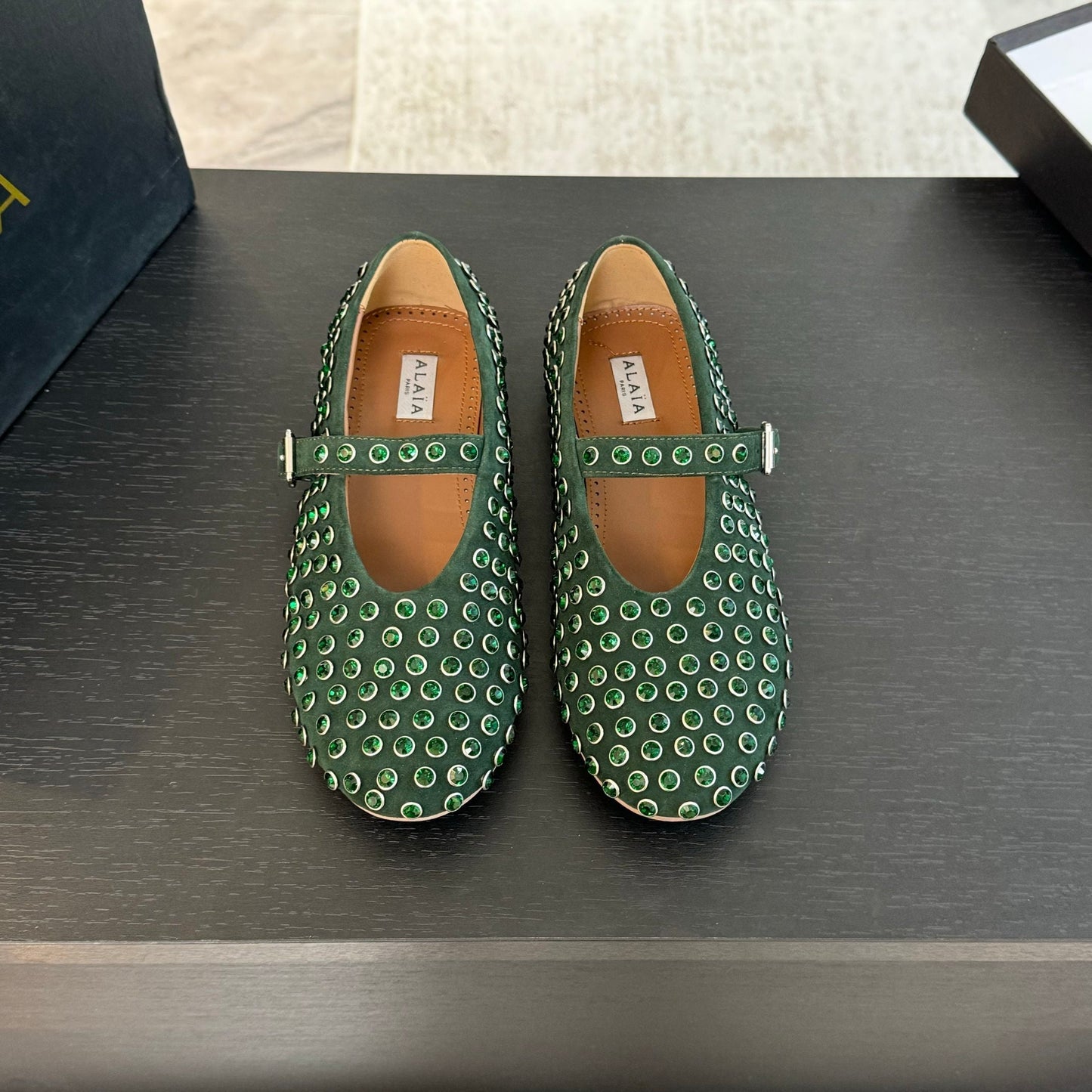 Alaia Strass Ballet Flats In Dark Green Suede Stone 935187