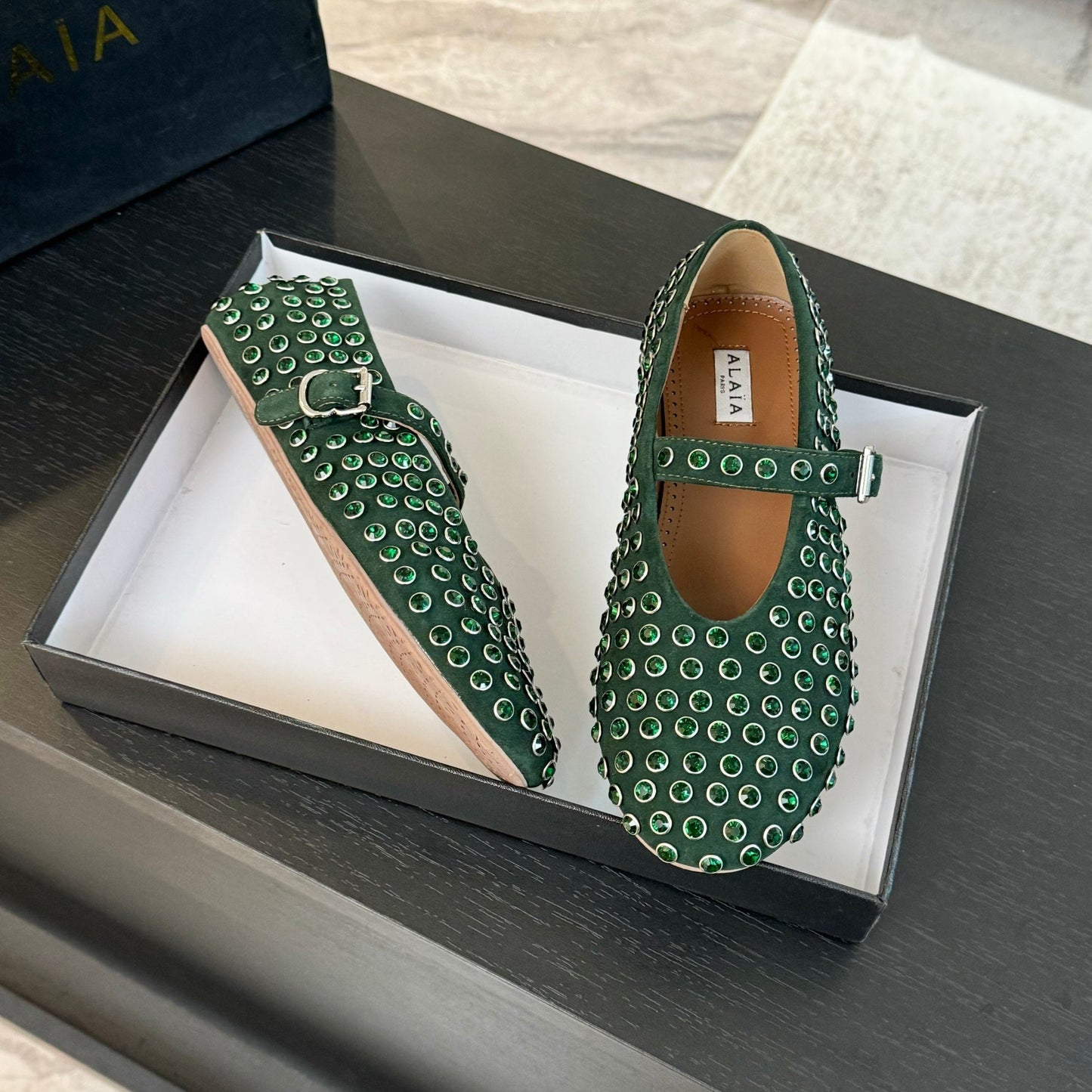 Alaia Strass Ballet Flats In Dark Green Suede Stone 935187