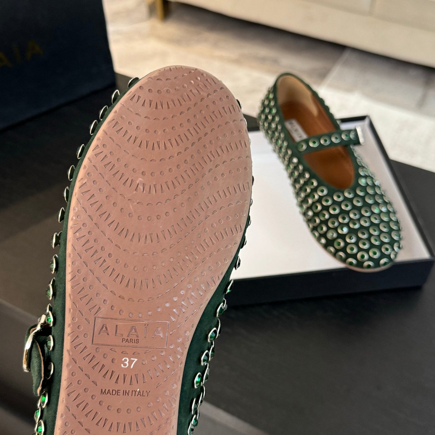 Alaia Strass Ballet Flats In Dark Green Suede Stone 935187