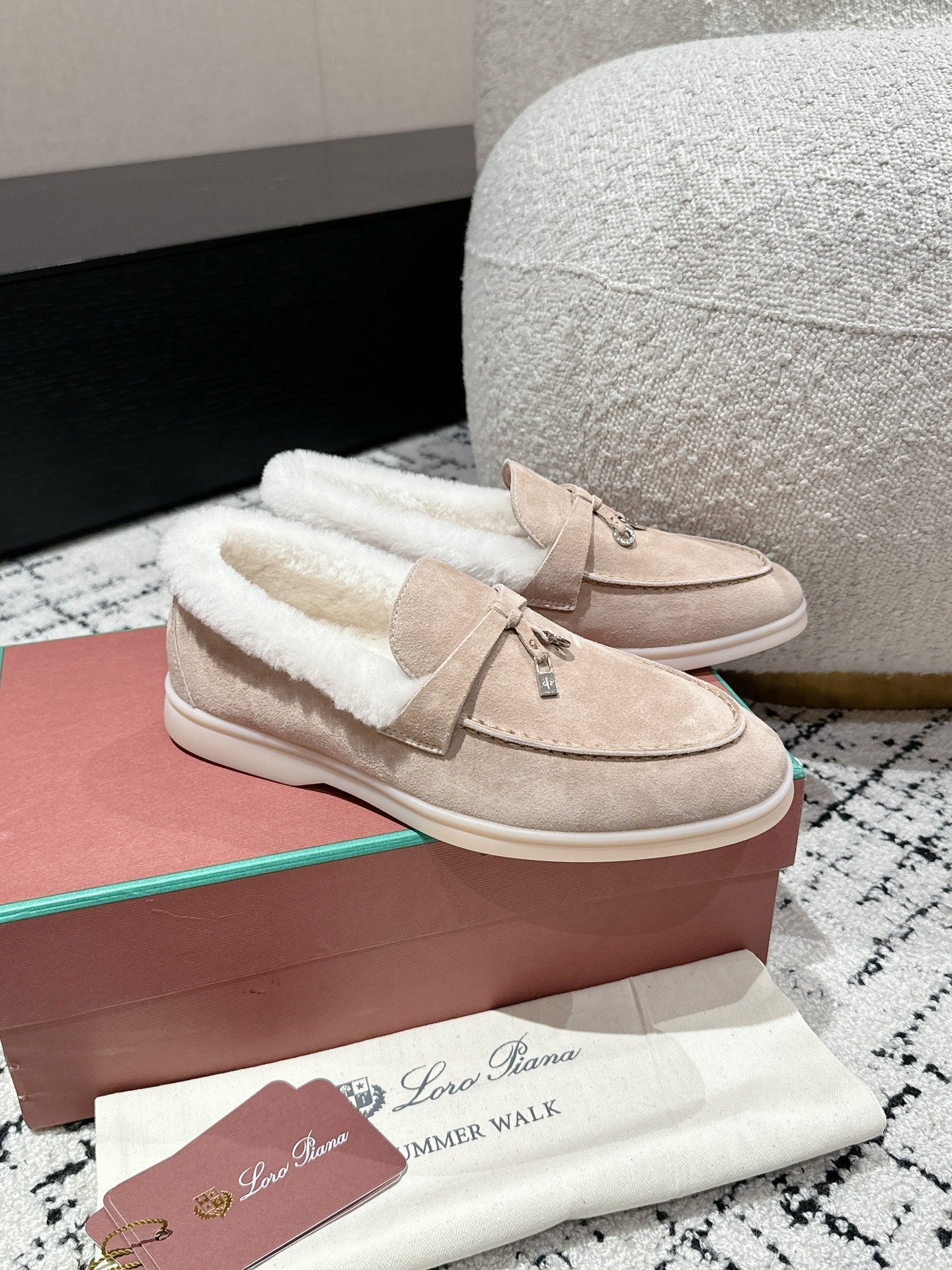 LP Summer Charms Walk Loafers In Almond Beige Mix White Suede With Rabbit Fur Lining 985648
