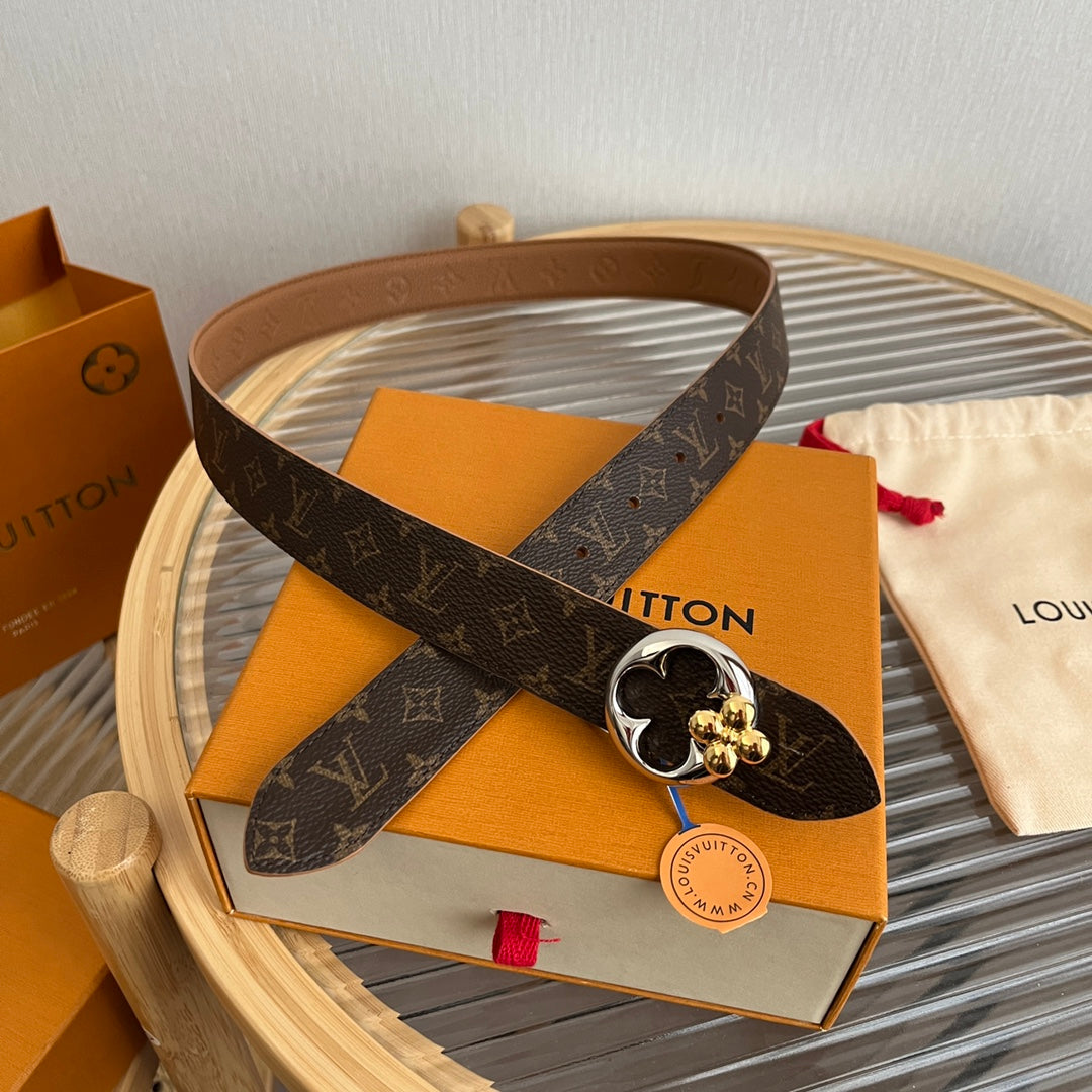 LV Flowergram Round 30mm Reversible Belt Brown Empreinte Calfskin