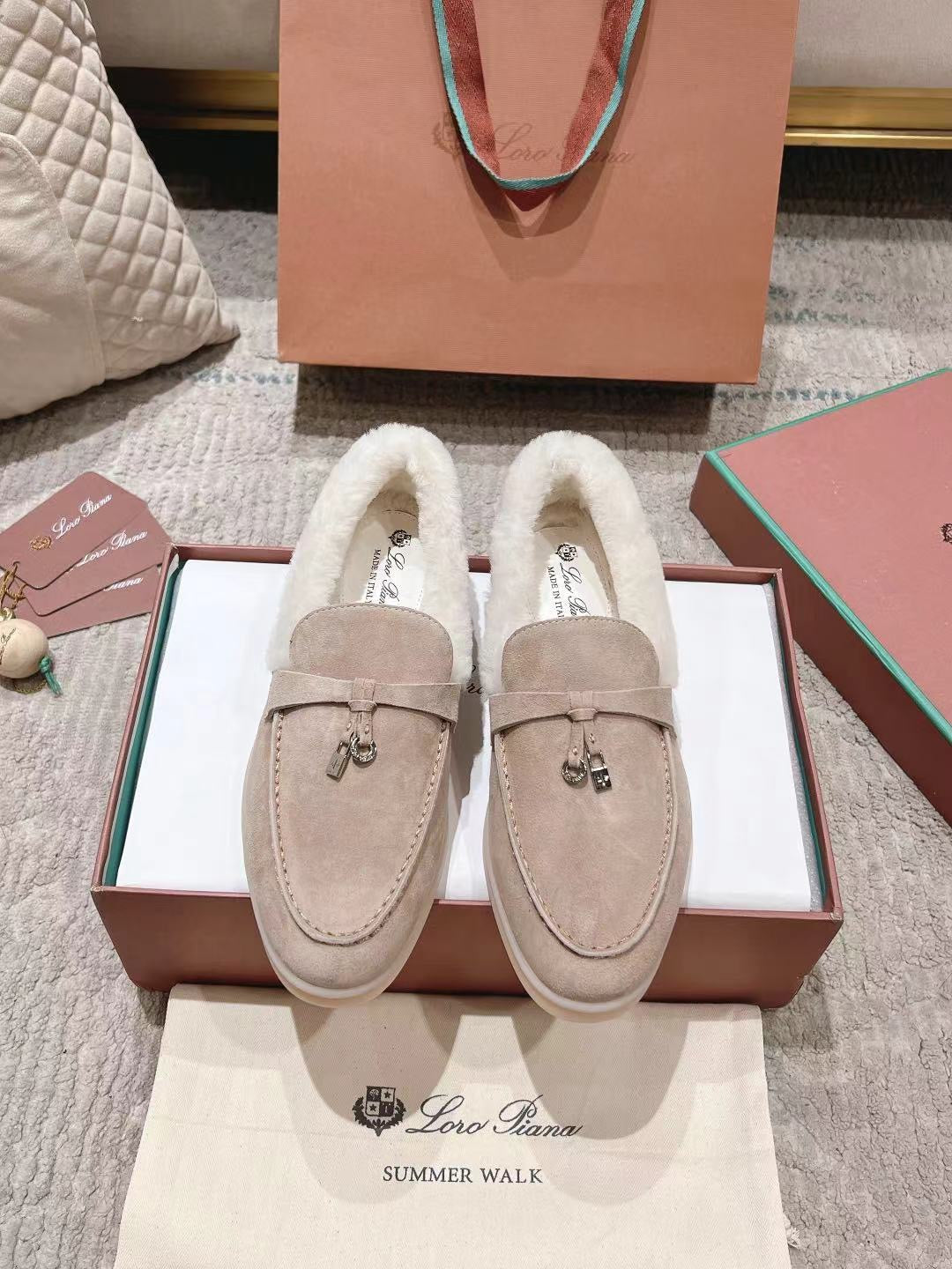 LP Summer Charms Walk Loafers Light Brown Beige Mix White Suede With Rabbit Fur Lining 206250