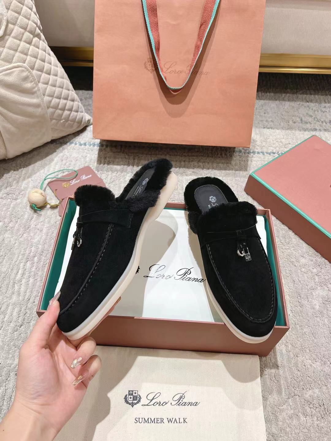 LP Charms Walk Babouche Loafer Black Suede With Rabbit Fur Lining 206239
