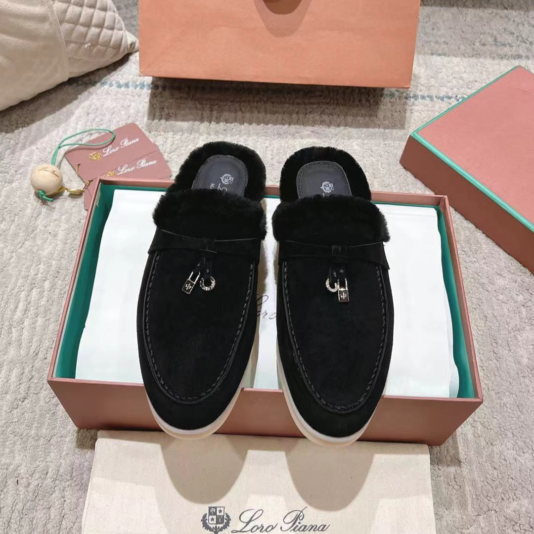 LP Charms Walk Babouche Loafer Black Suede With Rabbit Fur Lining 206239
