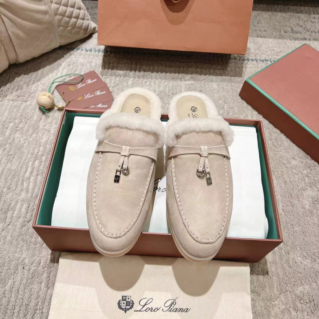 LP Charms Walk Babouche Loafer Bisque Cream mix White Suede With Rabbit Fur Lining 206243