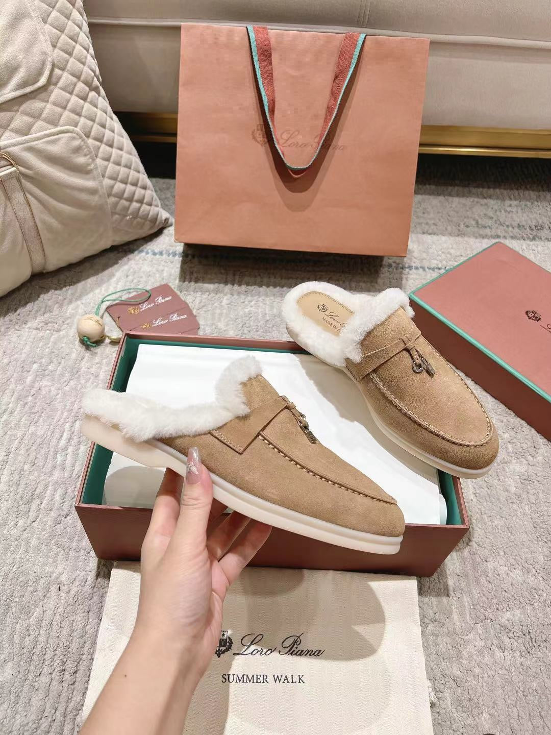 LP Charms Walk Babouche Loafer Peach Yellow Suede With Rabbit Fur Lining 206244