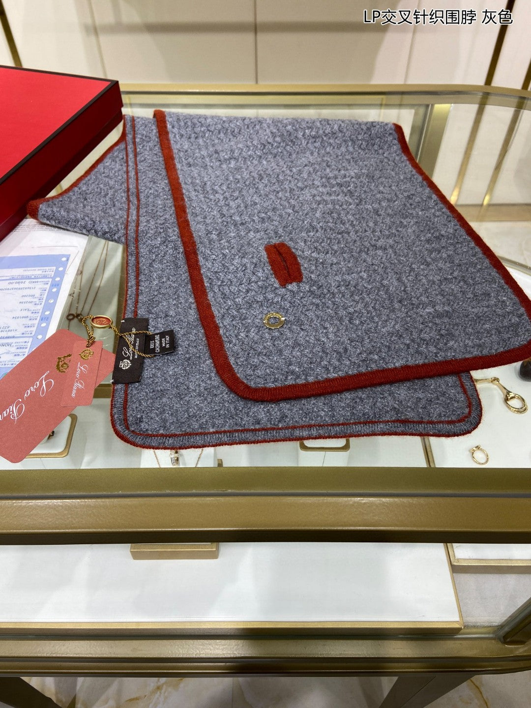 LP Scarf 125 CM In Dark Grey With Red Border Cashmere 201756