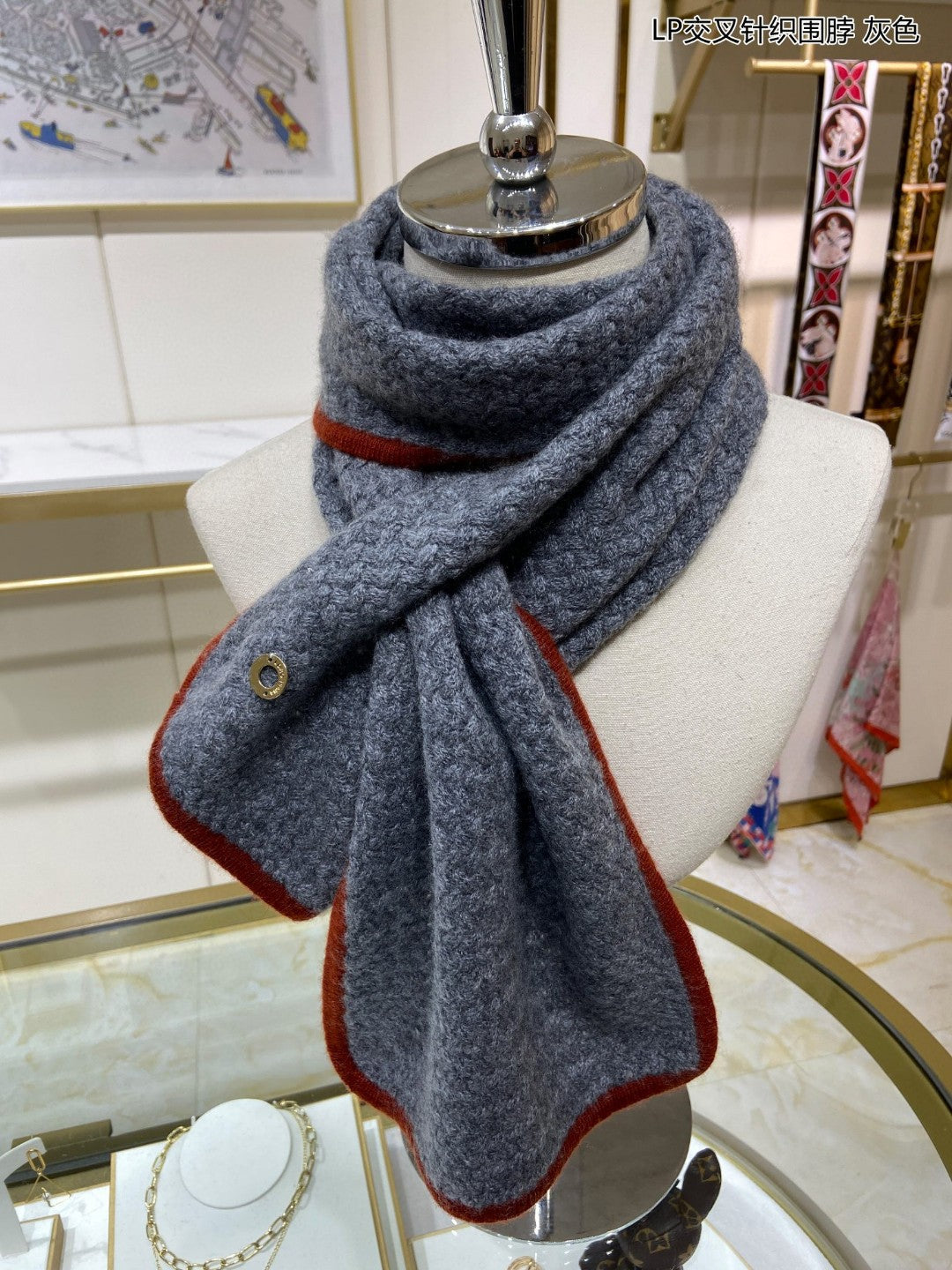 LP Scarf 125 CM In Dark Grey With Red Border Cashmere 201756