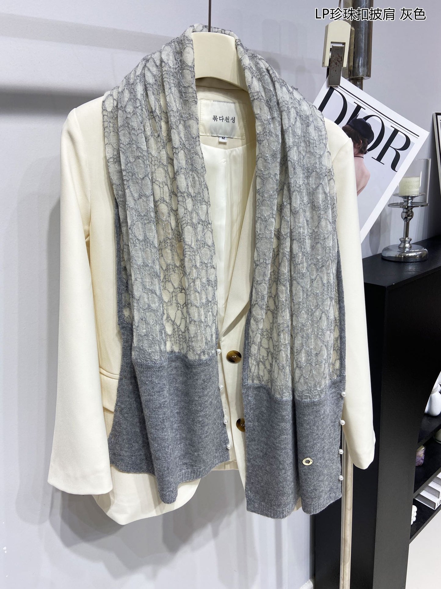 LP Pearl Button Scarf 135 CM In Grey White Cashmere 416913