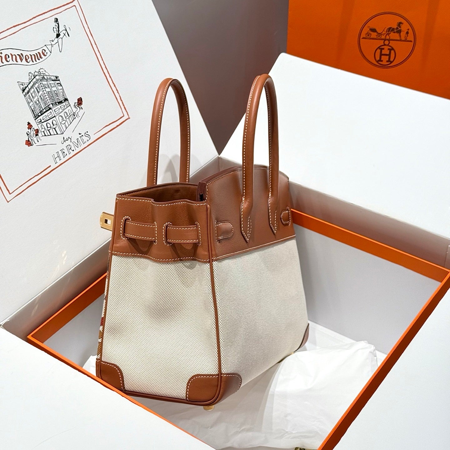 HM Birkin 30cm Gold Swift Leather Grey Horse Canvas Gold Hardware