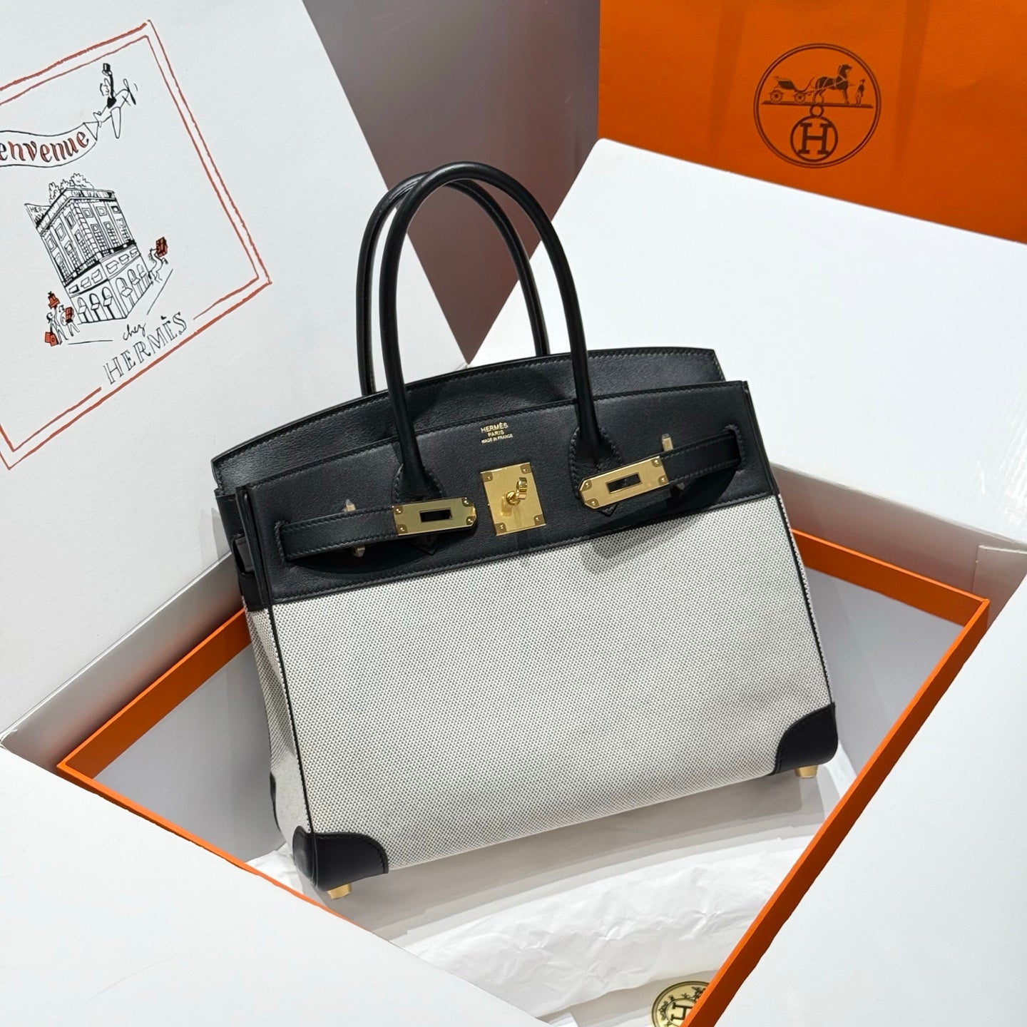 HM Birkin 30 Black Swift Leather Grey Canvas Gold Hardware