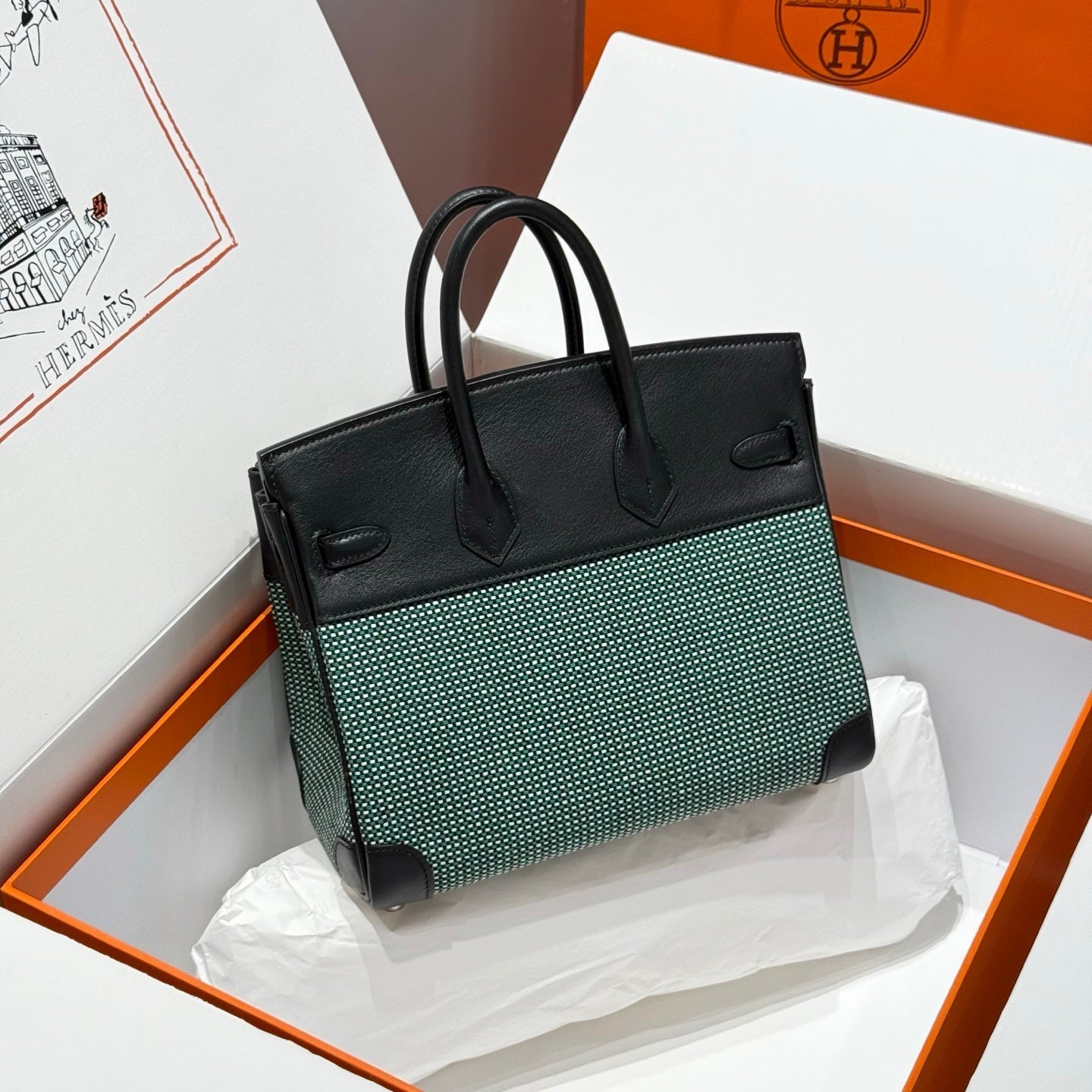 HM Birkin 25cm Black Swift Green White Canvas Silver Hardware
