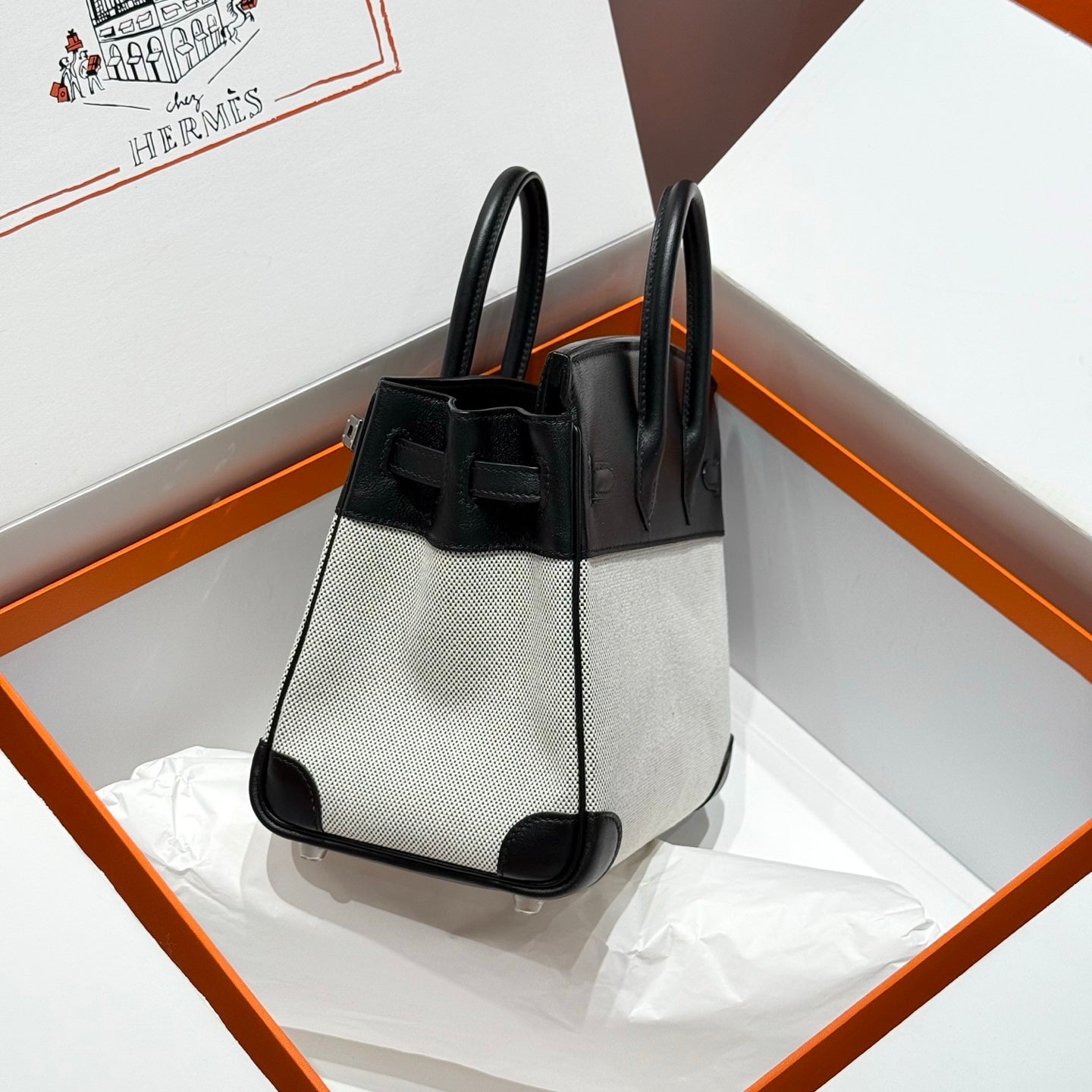 HM Birkin 25cm Black Swift Grey Canvas Silver Hardware