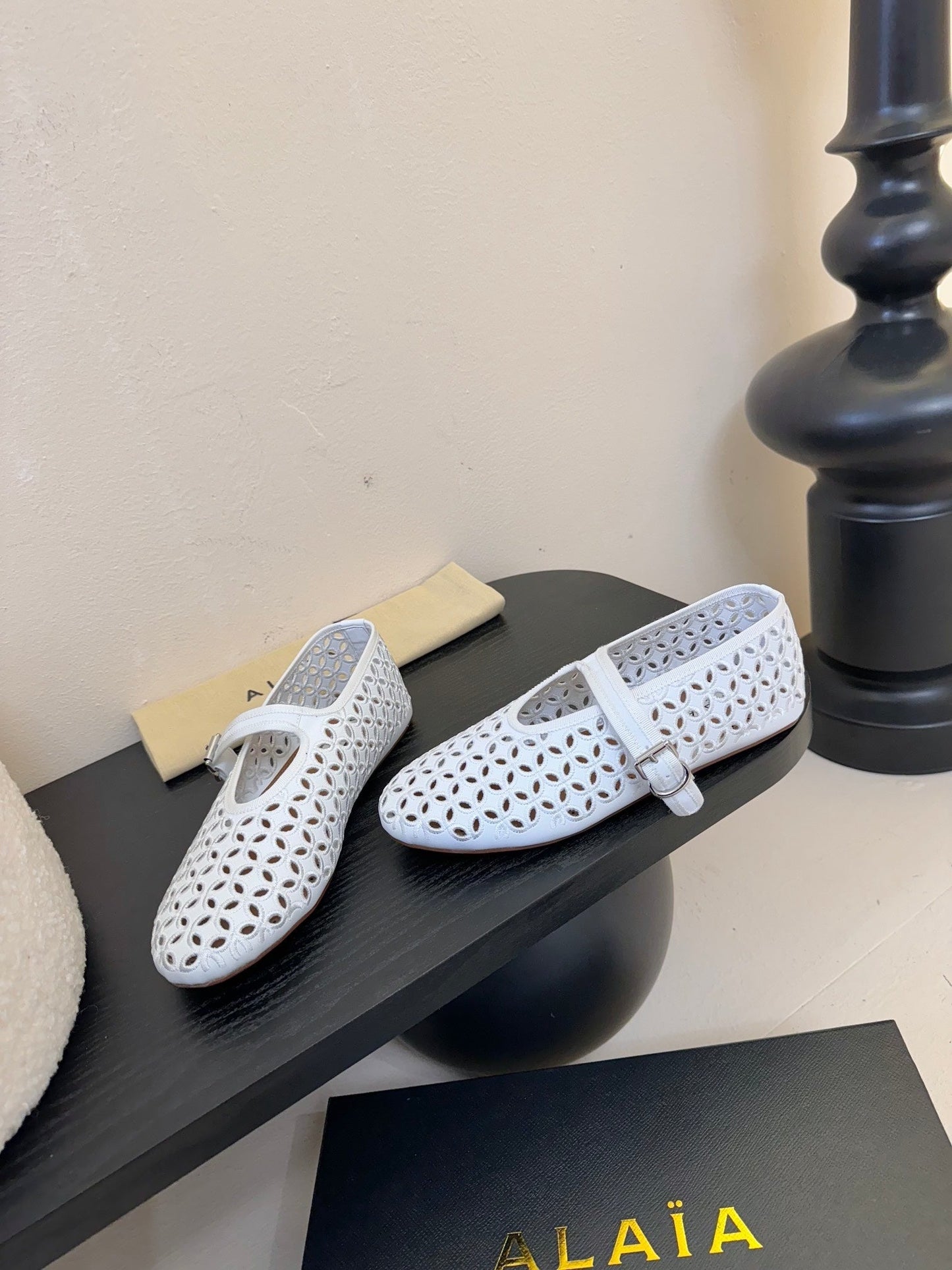 Alaia 25 Mary Jane Mesh Ballet Flats White Calfskin 297033