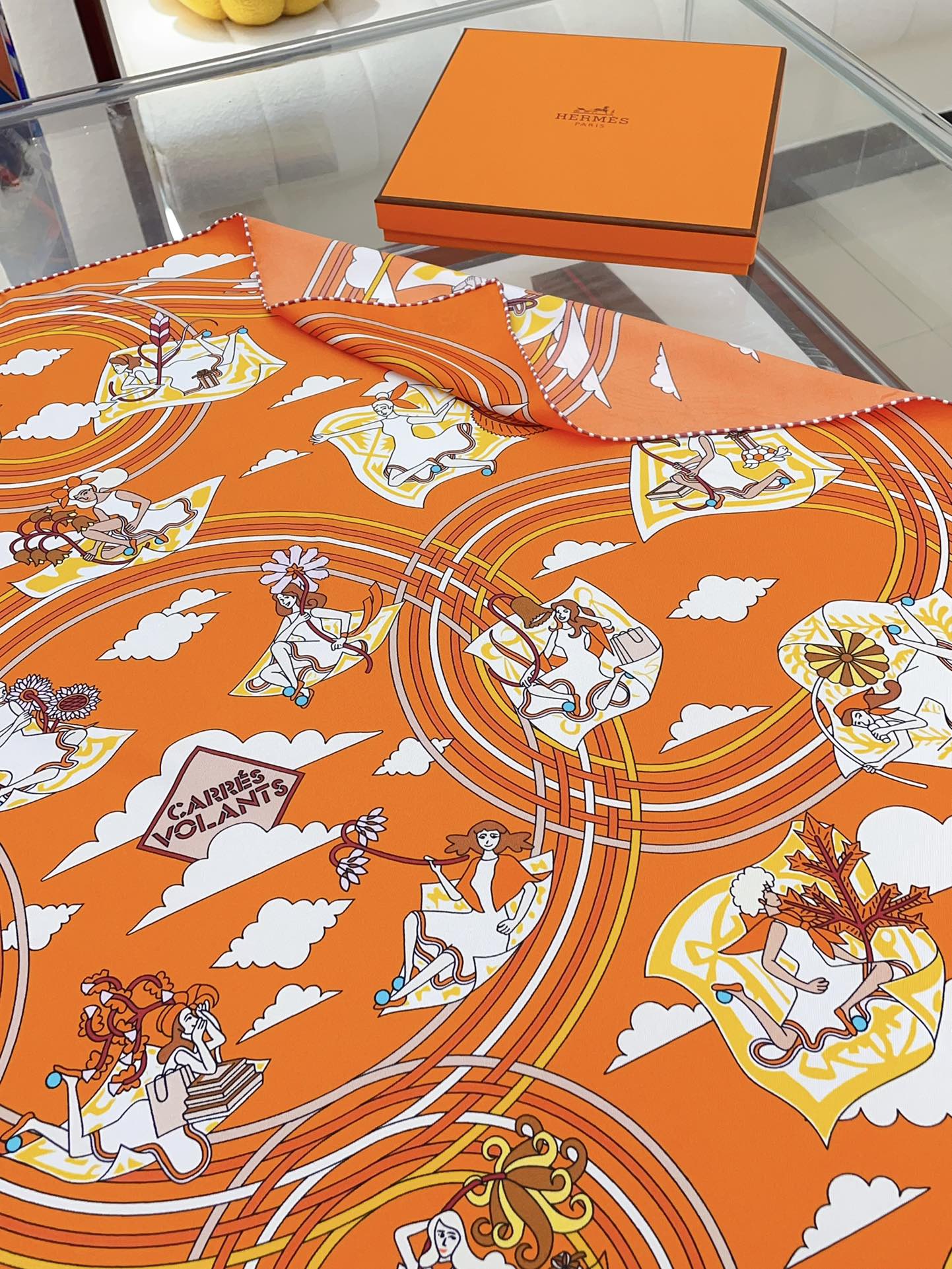 Carres Volants Scarf 90 CM In Orange Colorful Silk Twill 244995