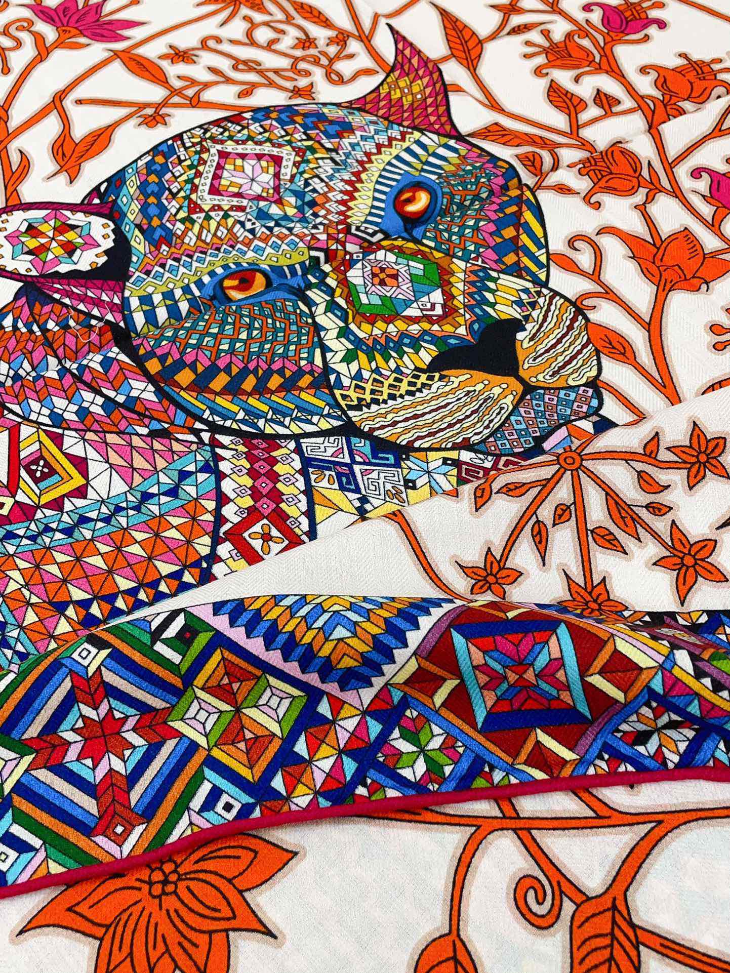 Le Jaguar Et Le Colibri Shawl 135 CM Red Colorful Cashmere And Silk 357904