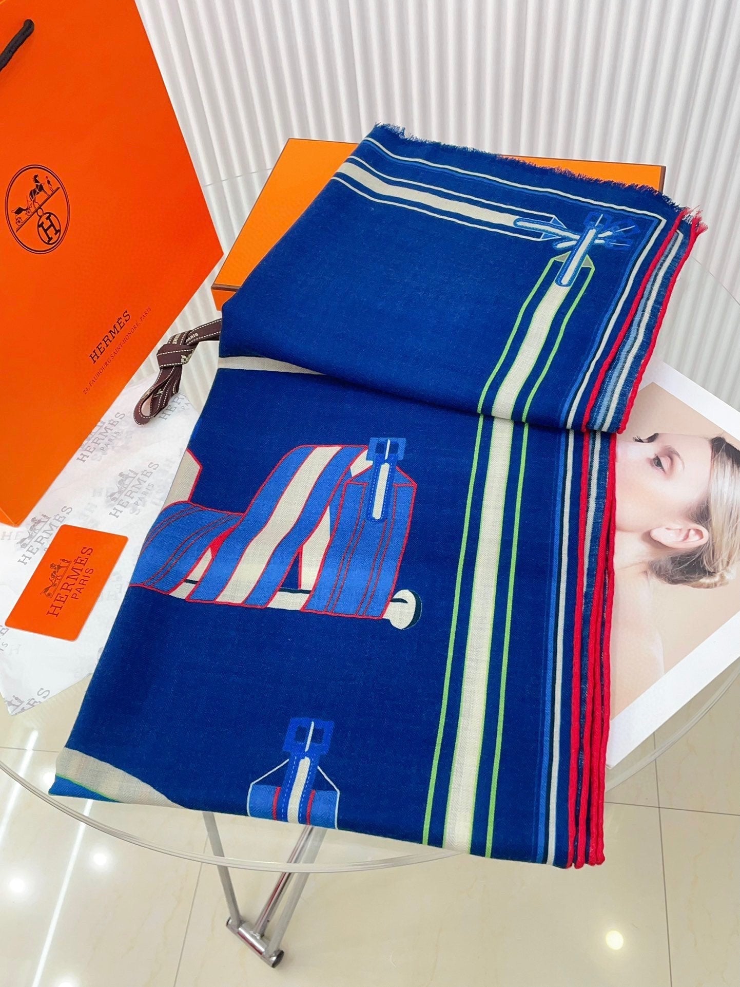Les Sangles En Finesse Rectangle Scarf 180 CM In Dark Blue Colorful Cashmere And Silk 373657