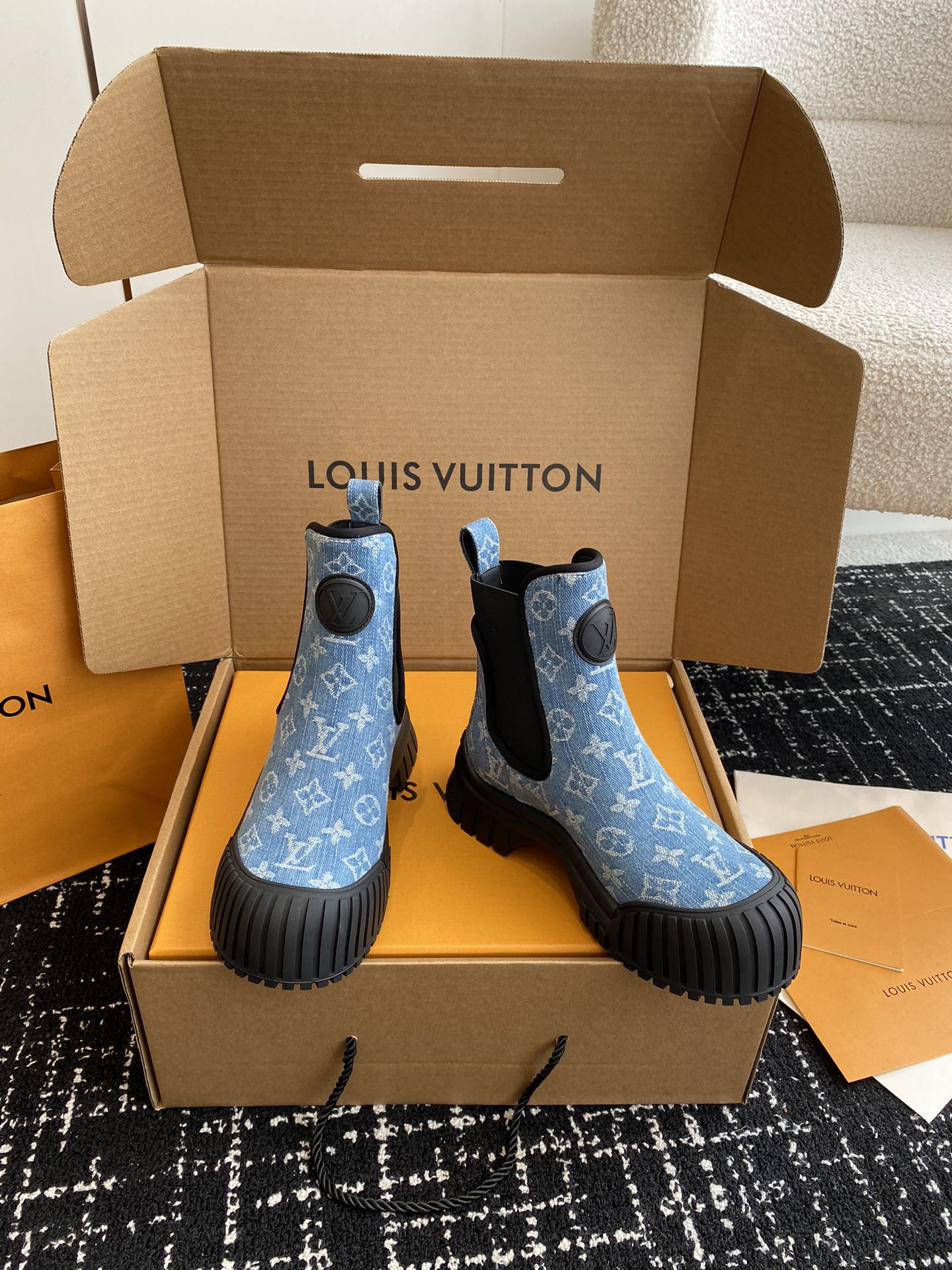 LV Ruby Flat Ankle Boots Light Blue Monogram Jacquard Fabric