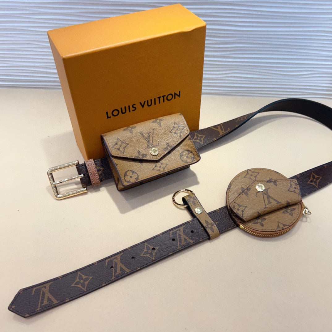 LV MULTI POCKET 30MM BELT IN CAMEL BROWN MONOGRAM CALFSKIN SILVER HARDWARE