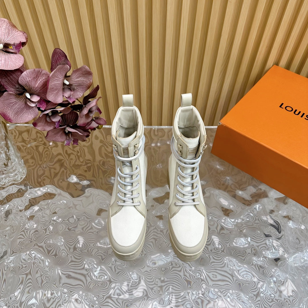 LV Laureate Platform Desert Boot 70mm White Denim Fabric