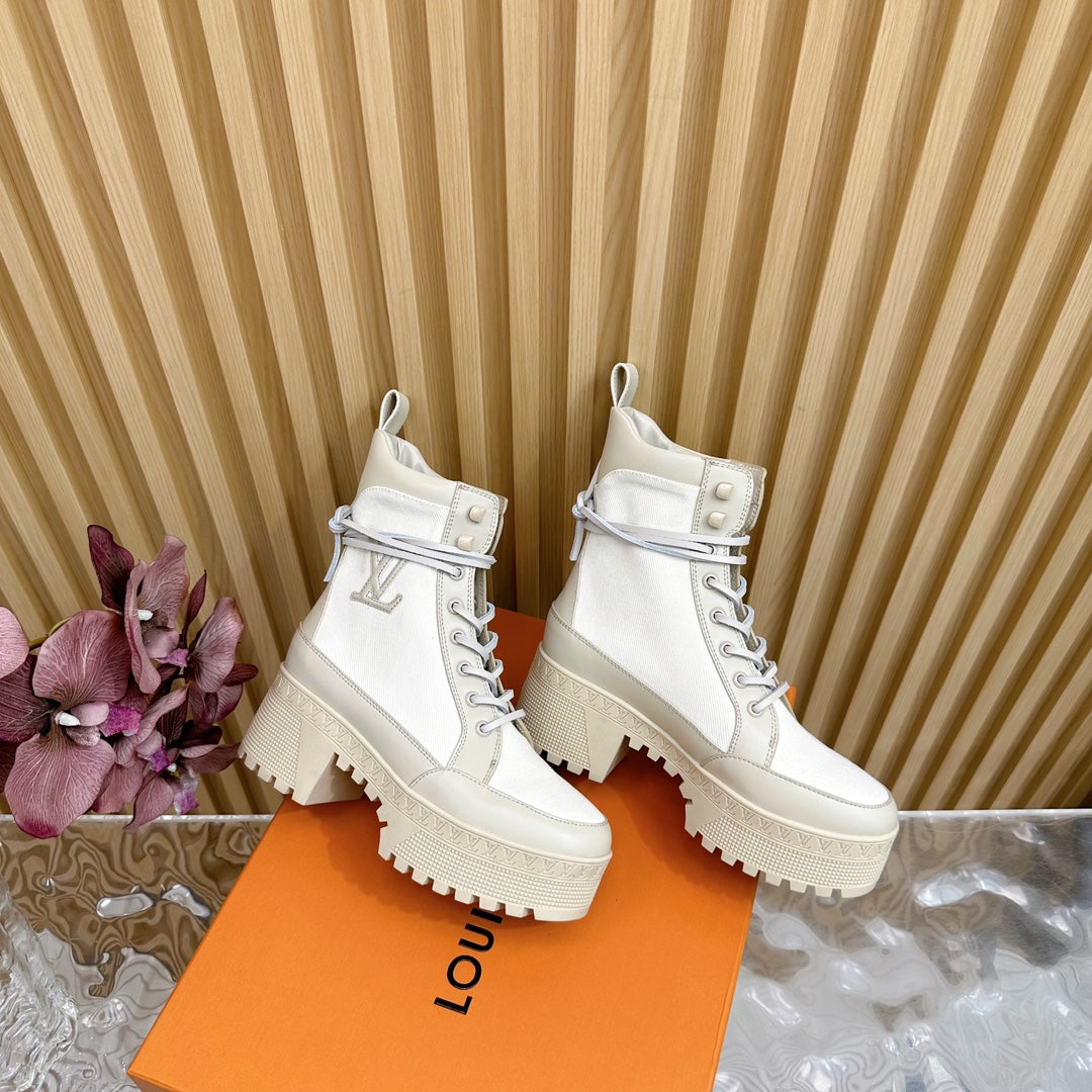 LV Laureate Platform Desert Boot 70mm White Denim Fabric