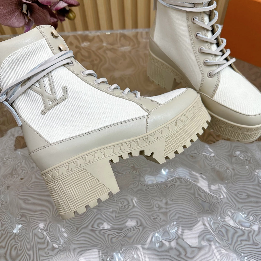 LV Laureate Platform Desert Boot 70mm White Denim Fabric
