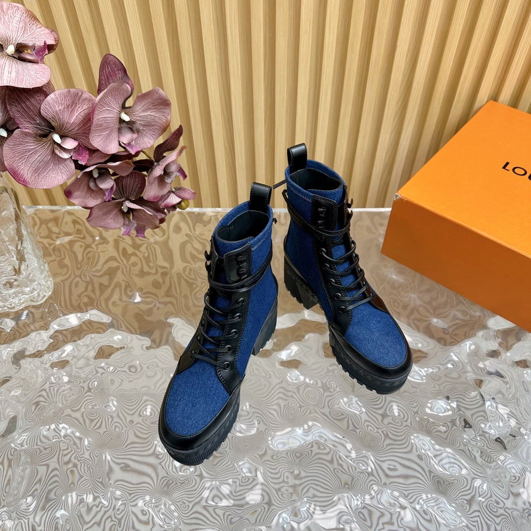 LV Laureate Platform Desert Boot 70mm Dark Blue Denim Fabric