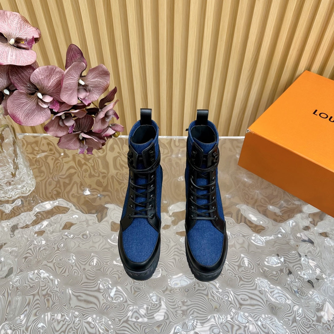 LV Laureate Platform Desert Boot 70mm Dark Blue Denim Fabric