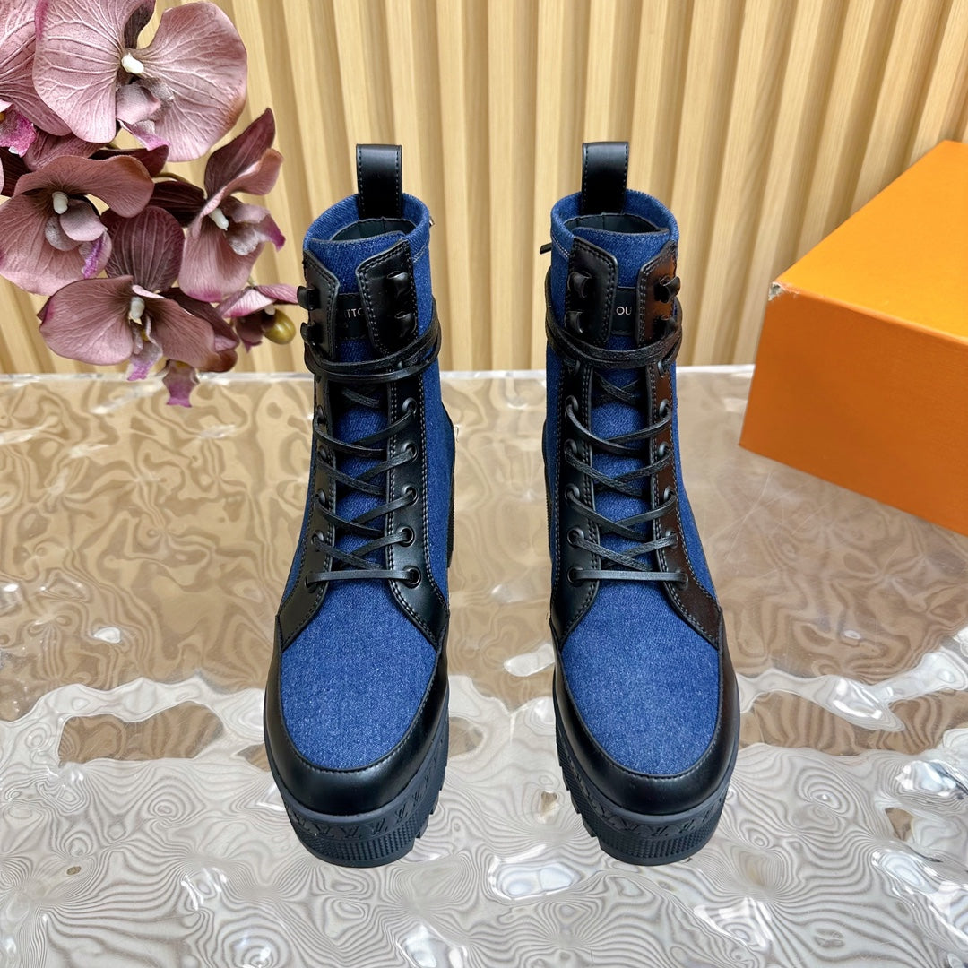 LV Laureate Platform Desert Boot 70mm Dark Blue Denim Fabric