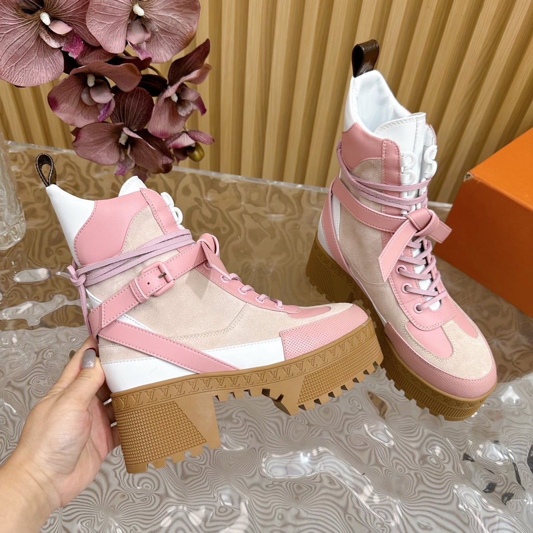 LV Laureate Platform Desert Boot 70mm Pink Mix Beige Suede
