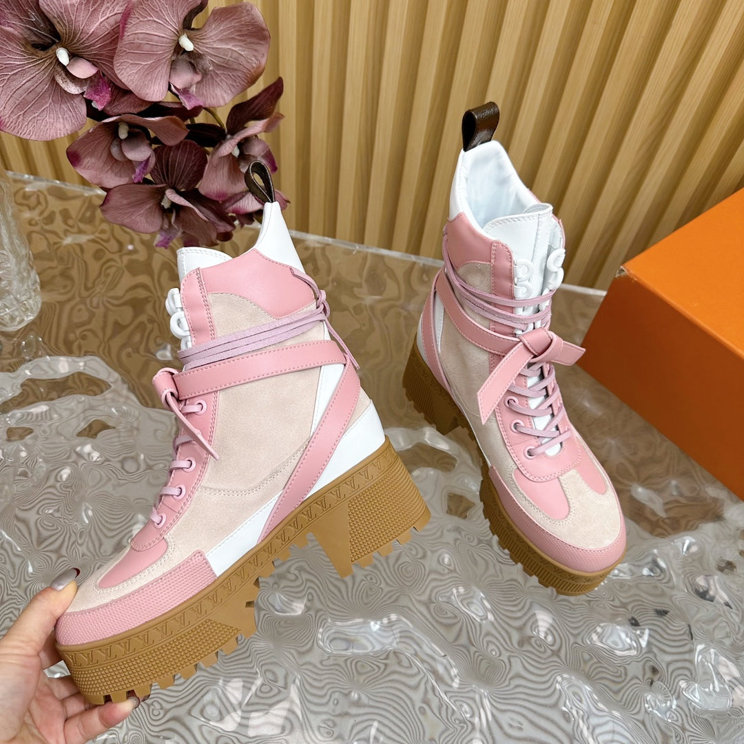 LV Laureate Platform Desert Boot 70mm Pink Mix Beige Suede