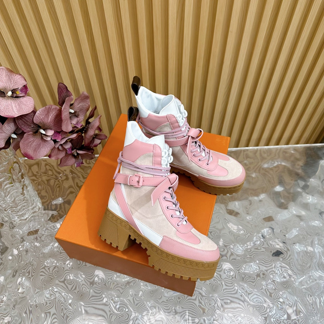 LV Laureate Platform Desert Boot 70mm Pink Mix Beige Suede