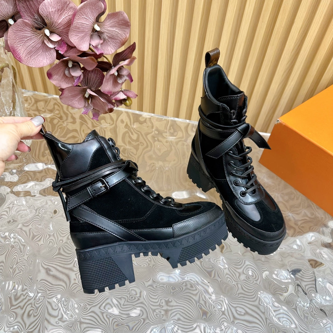 LV Laureate Platform Desert Boot 70mm Black Suede