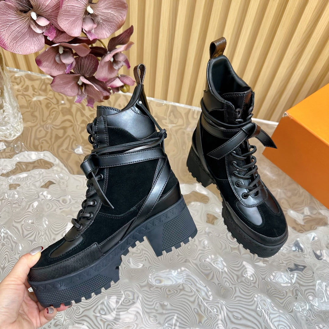 LV Laureate Platform Desert Boot 70mm Black Suede