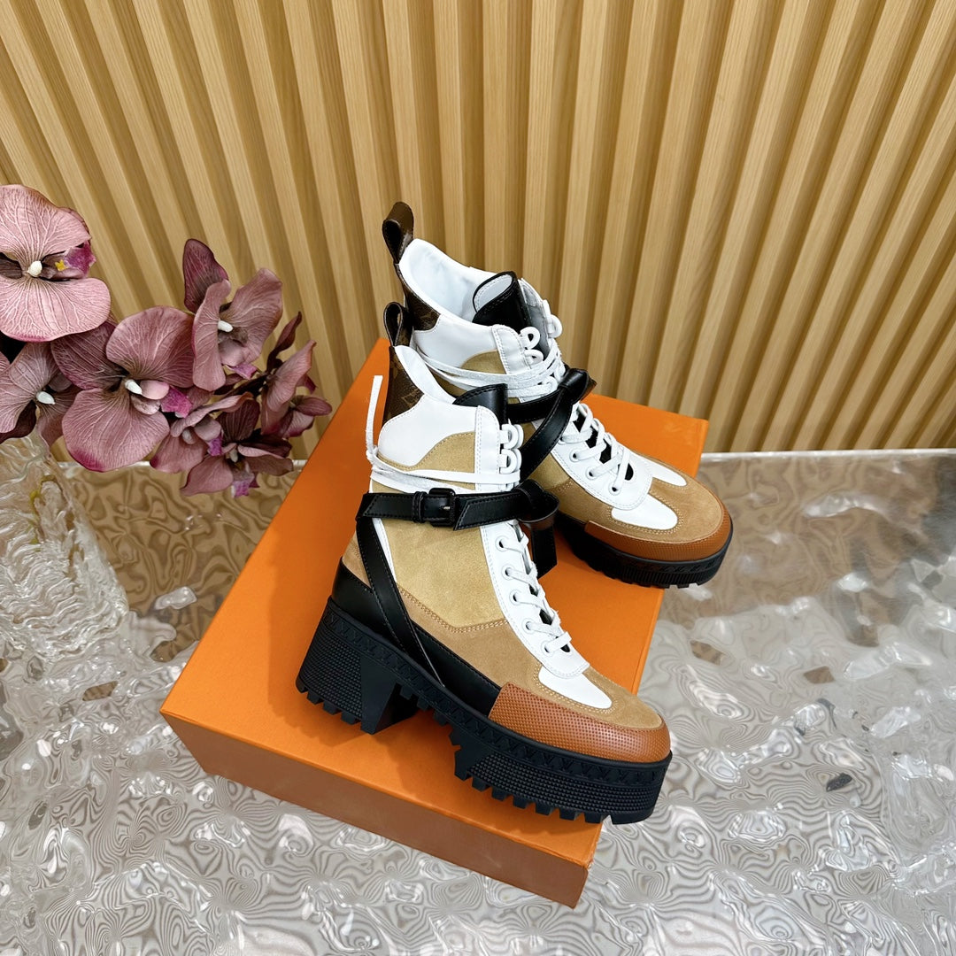 LV Laureate Platform Desert Boot 70mm Brown Yellow Suede