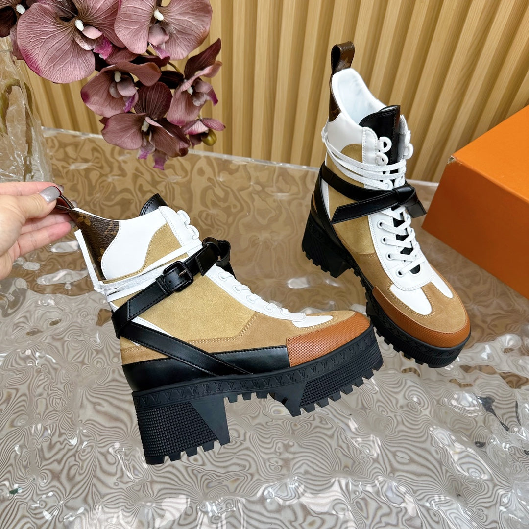 LV Laureate Platform Desert Boot 70mm Brown Yellow Suede