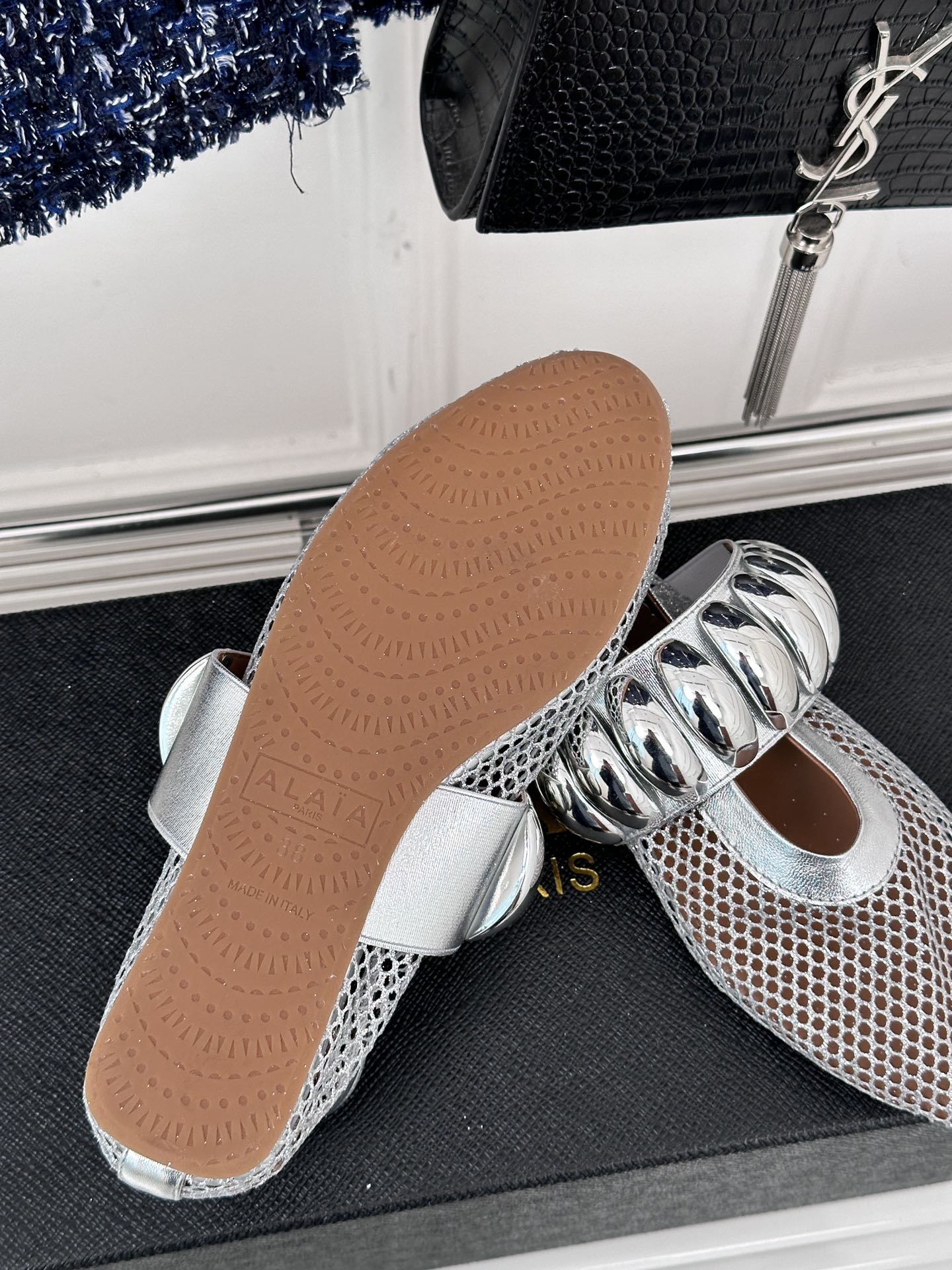 Alaia 25 Mary Jane Mesh Ballet Flats Silver Calfskin 293250