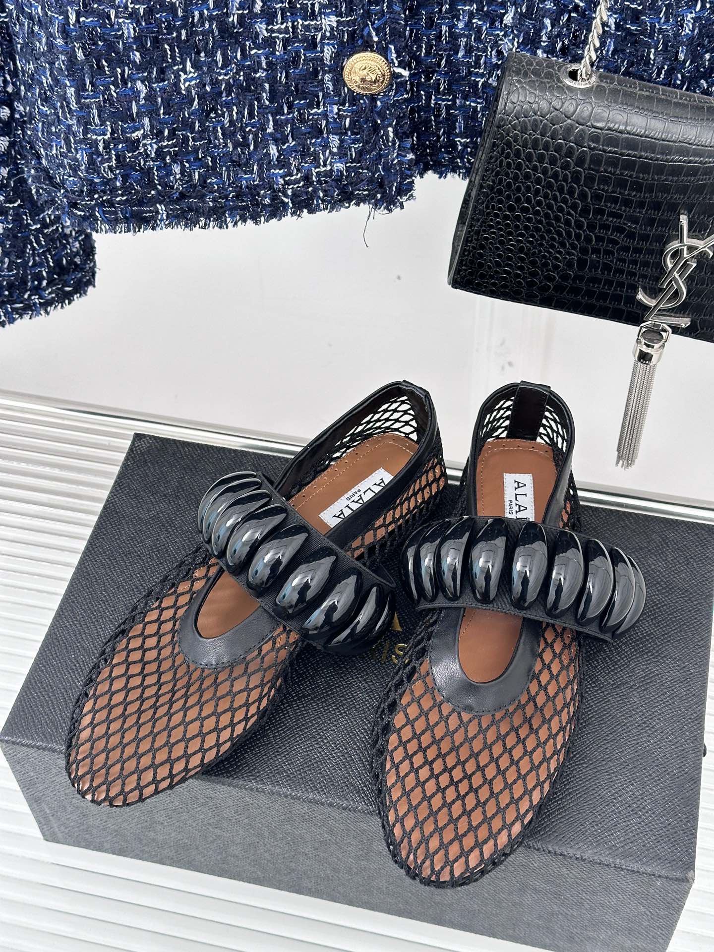 Alaia 25 Mary Jane Mesh Ballet Flats Black Calfskin 293251