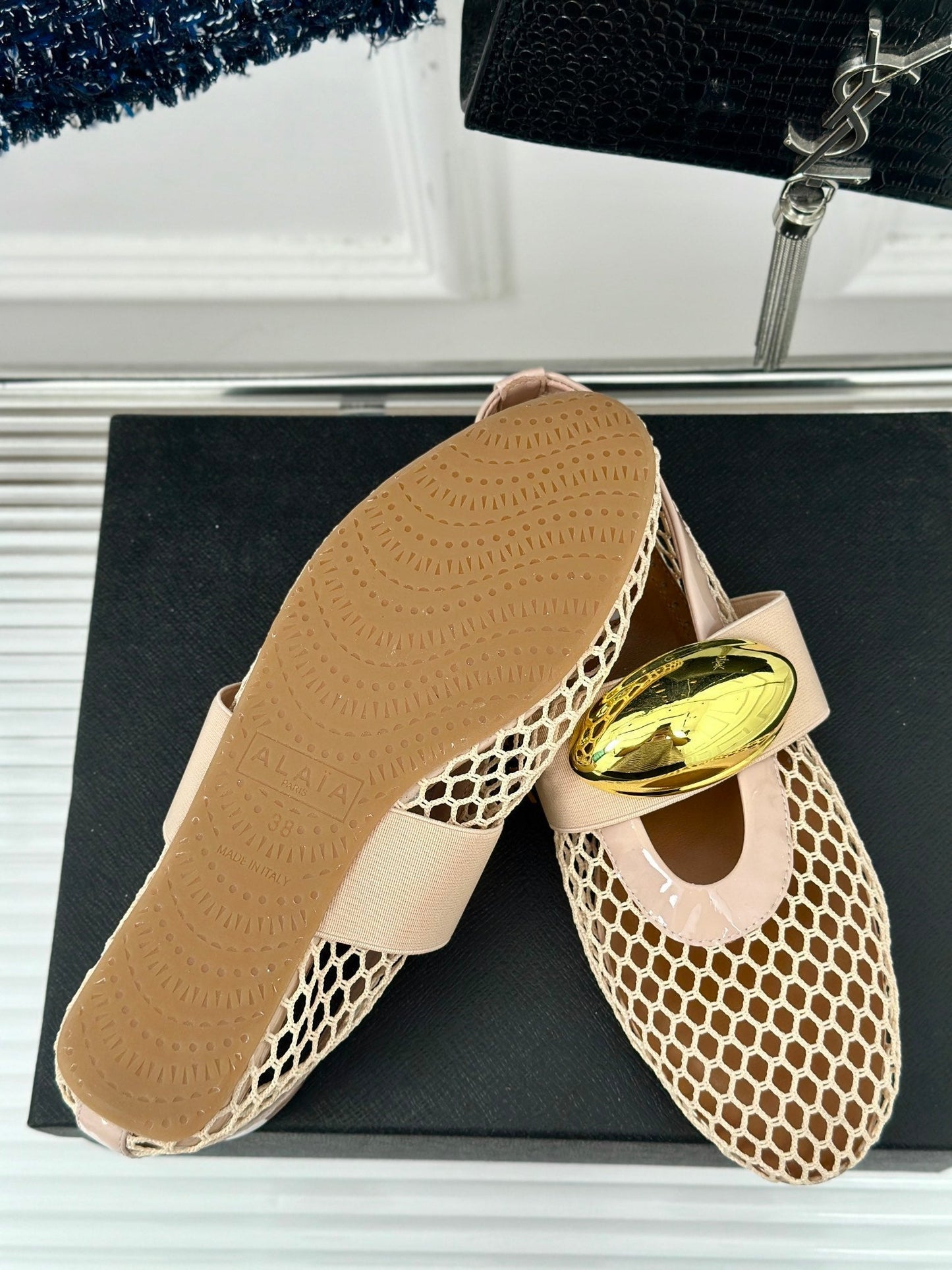 ALAIA MARY JANE SHOES IN BEIGE MESH WITH GOLD HARDWARE